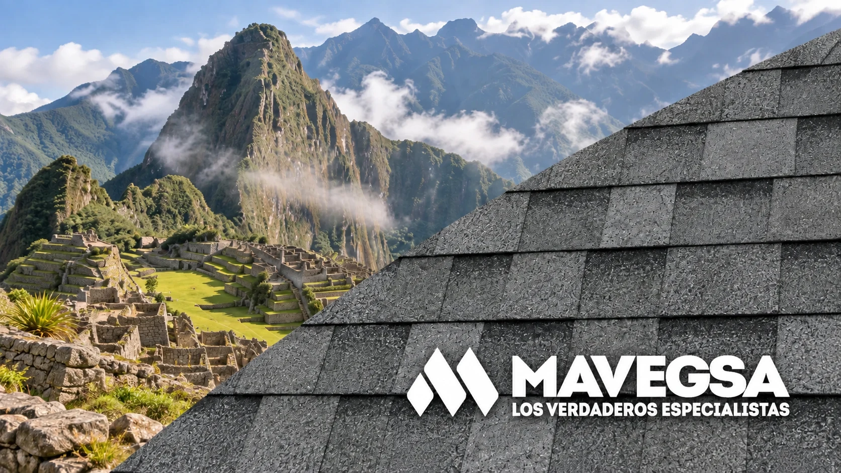 Composición generada con IA de Machu Picchu, Perú, tejas Cambridge Dual Grey y logo de MAVEGSA