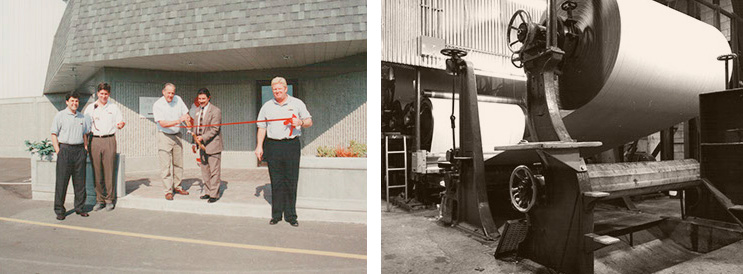 A la izquierda apertura de la primer planta de IKO y a la derecho imagen antigua de la primer planta de manufactura de papel para construcción de IKO