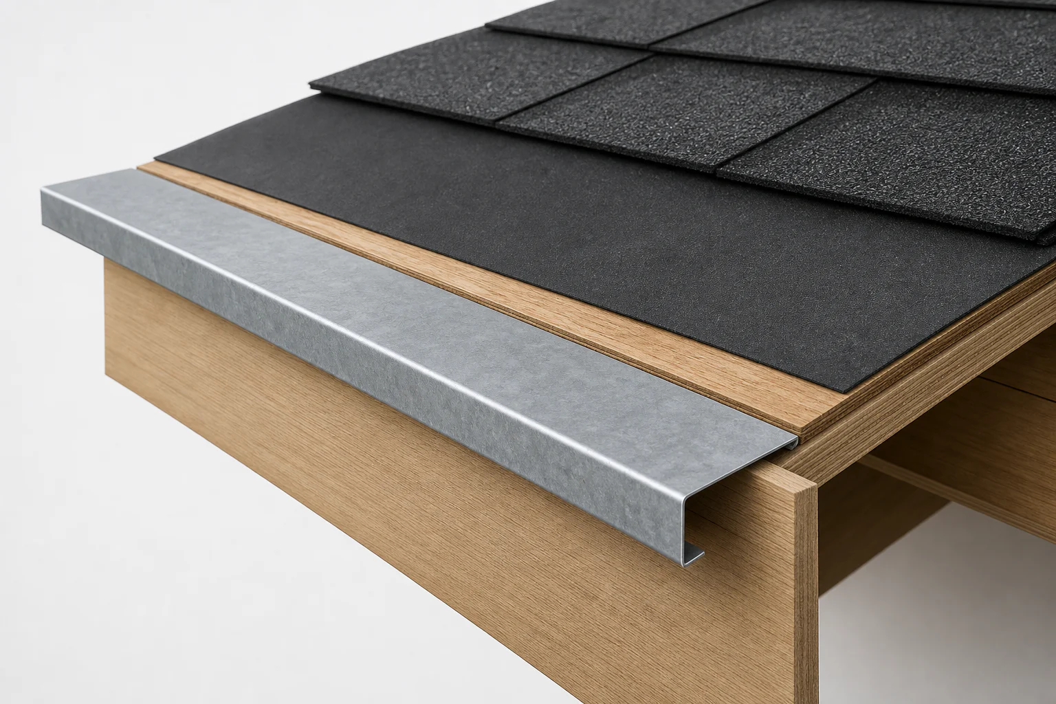 Corte de las capas de teja asfáltica, membrana, base de madera y goterón metálico