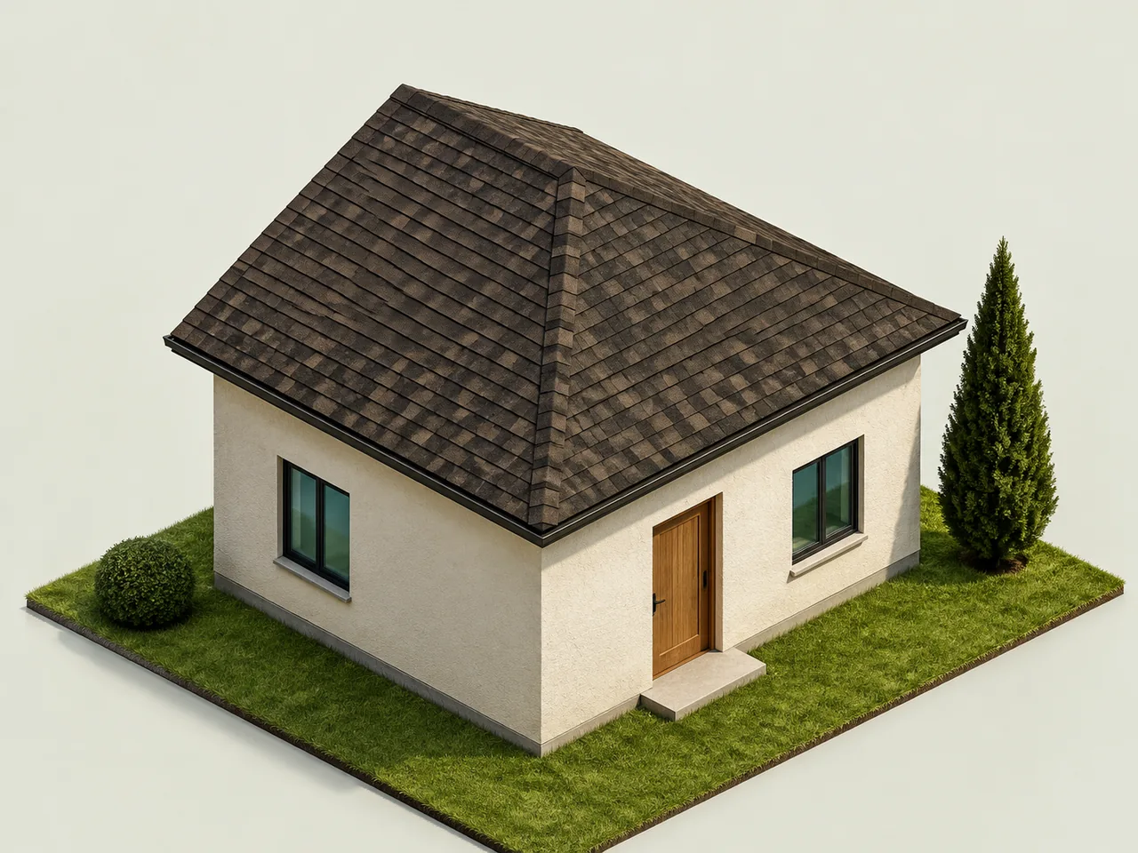 Visualización hiperrealista de una casa con teja asfáltica café, hiladas traslapadas y remates en un techo de cuatro aguas